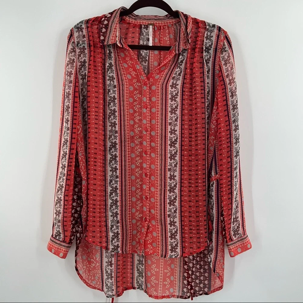 Free People Moonlight Mile Mixed-Print Top in Hot Coral Combo